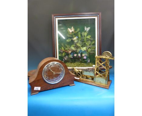 A brass mining interest model of a heavy horse hauling coal from a pit head, together with  a copper warming pan, a framed bi