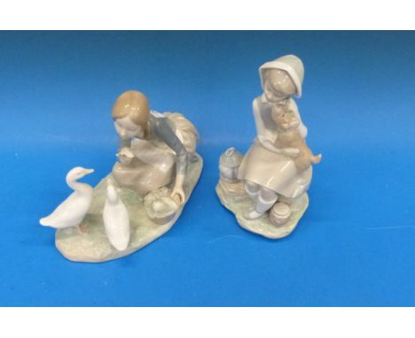 Two Lladro figures, Food for Ducks 4849 and Girl with Lantern 4910.