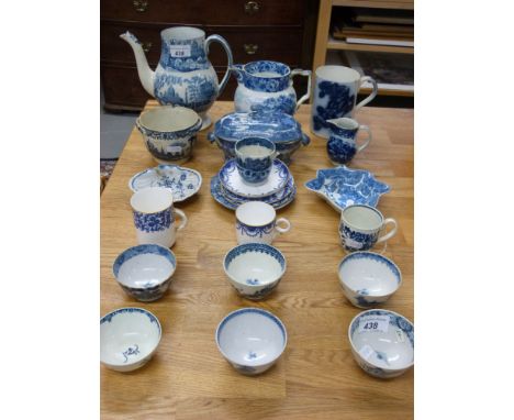 A collection of 18th/19thC blue and white hand decorated and transfer printed ceramics including Lowestoft, Caughley, Worcest