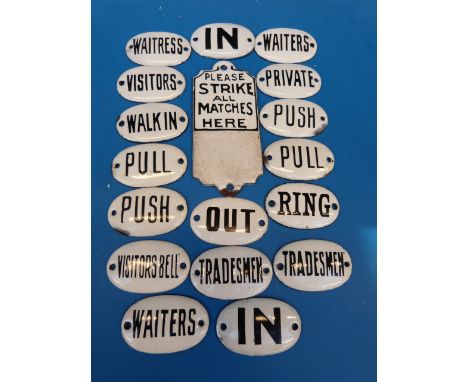Approximately 20 enamel labels including "visitors", "waitress", "push", "waiters" and an interesting match striker.