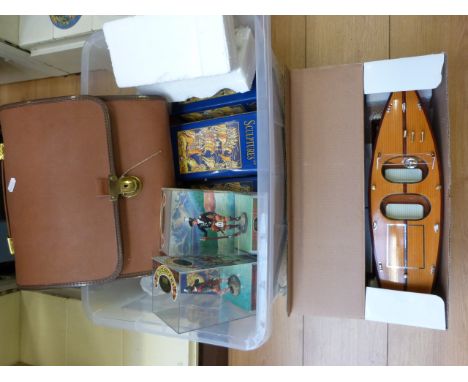 A collection of military model figures, models, metal items, record player etc