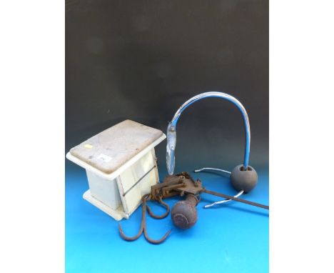 A set of Weighette person weighing scales, a steel yard balance scale and a chrome framed magnifier