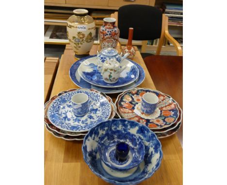 A collection of Imari and blue and white ceramics to include plates, Japanese charger etc. 