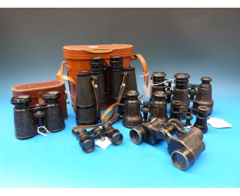 A collection of opera glasses and binoculars to include unused triple eyepiece example marked "Theatre, Marine and Field, Hus