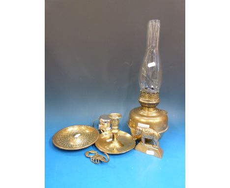 A 19thC brass ejector chamberstick, lamp and other items