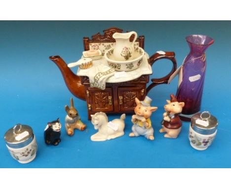 A collection of mixed ceramics including novelty Portmeirion teapot, Doulton cat, Worcester, Goebel pigs etc.