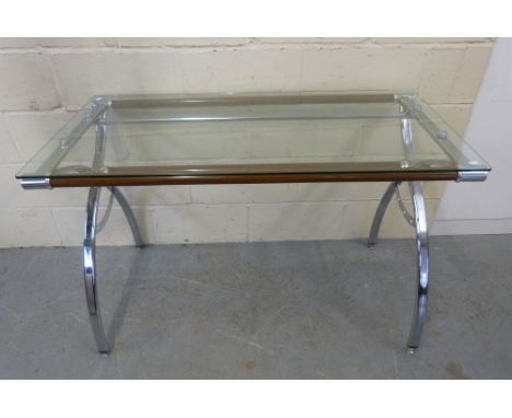 A modern glass and chrome desk / side table with associated shelf, together with a modern corner display unit