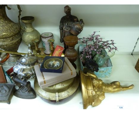 Mixed items to include plated tea pot, large brass jug, candle sticks, cherub wall bracket, coral tree, jadeite figures 