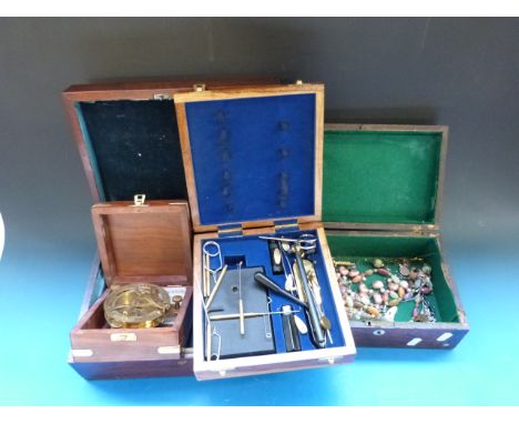 A 19thC flame mahogany box, another 19thC box, a quantity of costume jewellery, cased modern desk sundial/compass