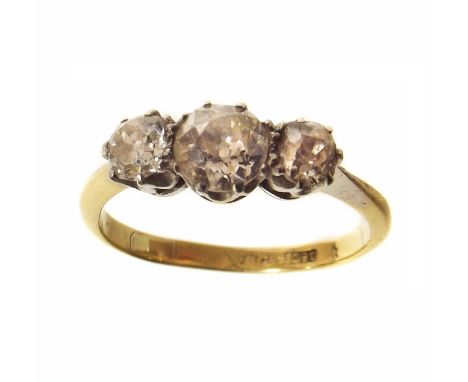 Three stone diamond 18ct gold ring. Size O, Gross weight 2.7g Condition reports are not available for our Interiors Sales.