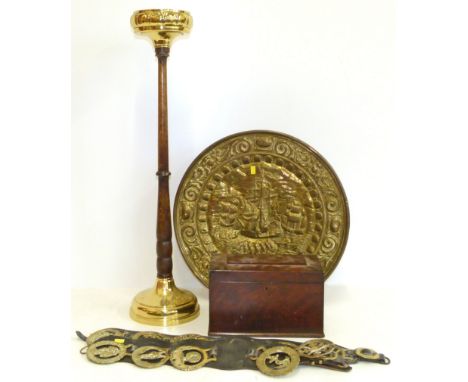 19th century two division mahogany tea caddy, two horse brass straps, embossed brass plaque and oak/ brass ash tray stand Con