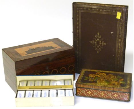 Tea caddy and two metal tins, also Wills dominoes Condition reports are not available for our Interiors Sales.