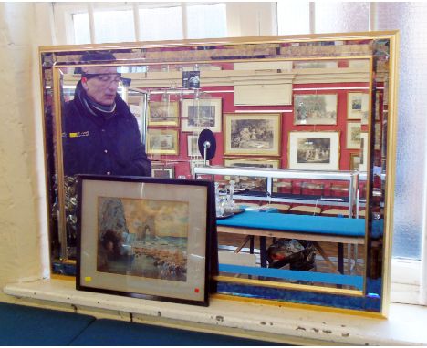 Watercolour signed by A. Williams depicting a seascape and modern guilt framed mirror Condition reports are not available for