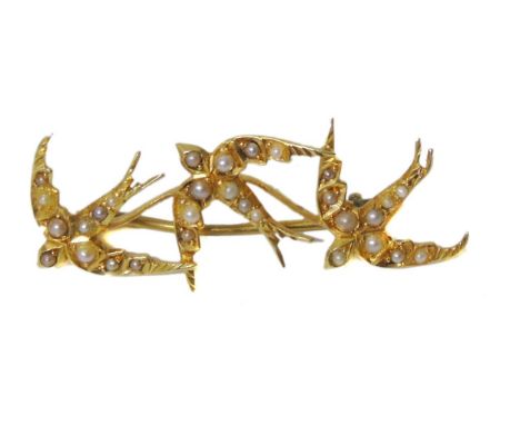 Yellow metal and seed pearl swallow brooch, gross weight 3.9g length approx 41mm Condition reports are not available for our 