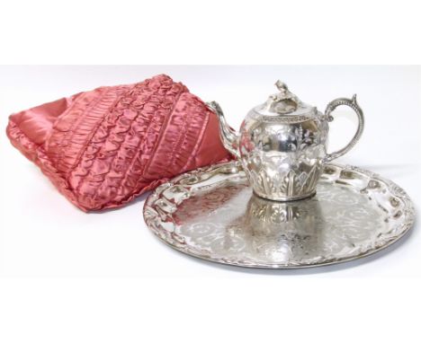 Silver plated teapot and cosy and a silver plated salver. Condition reports are not available for our Interiors Sales.