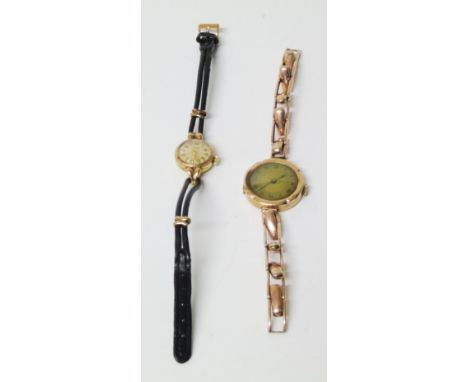 Two ladies vintage 9ct gold watches, one by Tissot with 9ct gold case and buckle on a leather strap, and a 9ct gold unmarked 