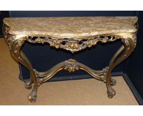 18th century style gilt console table, 119cm wide with shaped marble top. Condition reports are not available for our Interio