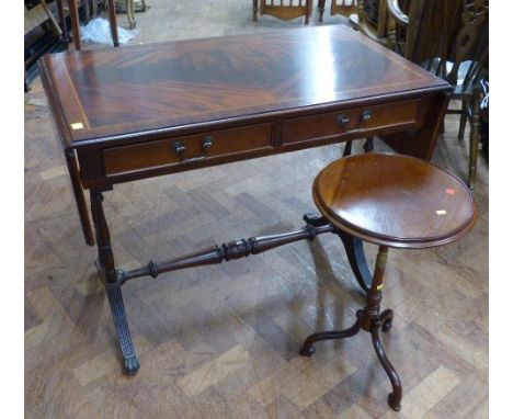 Reproduction mahogany &amp; cross-banded sofa table and mahogany circular tripod wine table. Condition reports are not availa