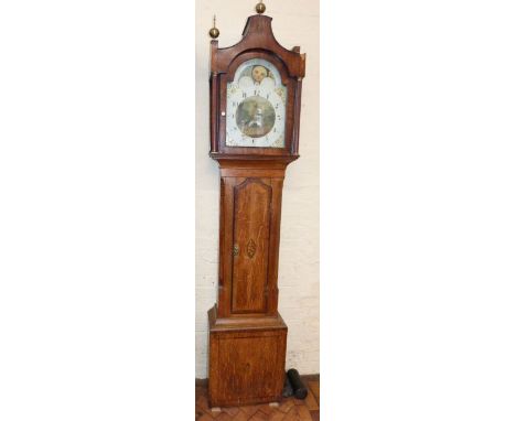 Oak and cross-banded eight-day longcase clock with enamel dial featuring windmill, (Peniston, Horncastle) Condition reports a