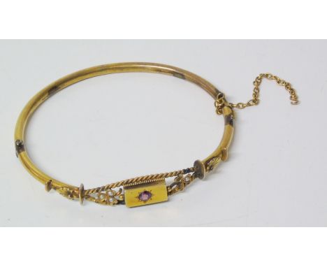 9ct gold garnet and seed&nbsp;pearl Etruscan style bangle, gross weight 6.3g Condition reports are not available for our Inte