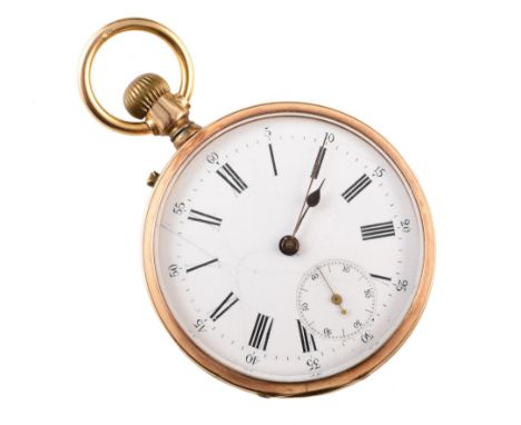 14ct gold open face pocket watch , white enamel dial with Roman numerals and subsidiary dial to six 'o' clock, shield and eng