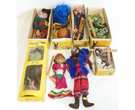 Collection of five boxed Pelham puppets Giant, Mother Dragon, Rod Hulls Emu, Wicked Witch, Policeman and Bengo. Also two othe