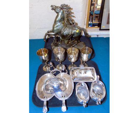 Brass marley horse, two division plated hors d'oevres dish complete with two ladles, four plated goblets, salt and pepper, mi