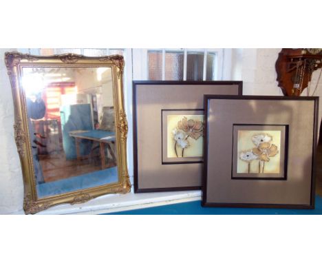 Pair ceramic/glass framed floral tiles designed by Miss Jimmy Lin and gilt framed wall mirror. Condition reports are not avai