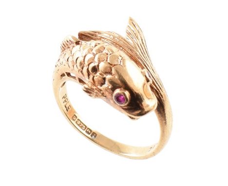 9ct yellow gold fish shaped ring with faceted ruby eyes , gross weight 4.0g, ring size J 1/2. Condition reports are not avail