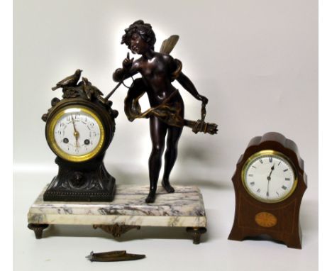 Victorian 8-day spelter and marble French mantle clock and a mahogany and inlaid mantle clock Condition reports are not avail