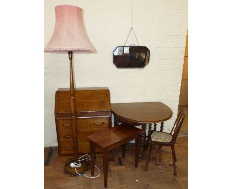 Standard lamp complete with shade, oak bureau and gate-leg table Condition reports are not available for our Interiors Sales.