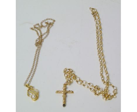 9ct gold crucifix on a 9ct gold chain, gross weight 5.0g and a 9ct gold cultured pearl pendant on 9ct gold chain , gross weig
