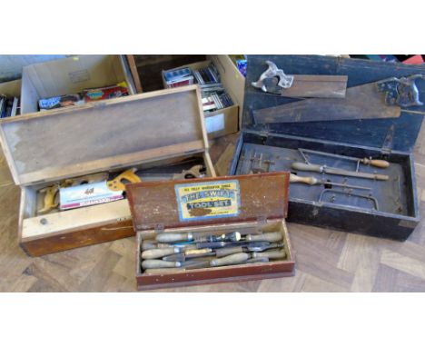 Three boxes of woodworking tools, chisels, saws, spanners etc and basket ditto Condition reports are not available for our In