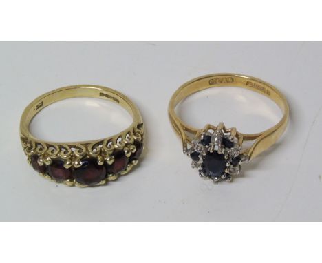 A 9ct gold garnet five -stone ring, size N1/2, gross weight 3.3g also a 9ct gold sapphire and diamond cluster ring, size Q, g