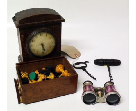 A part boxed set of chess pieces (31), two Victorian cork screws, a pair of Lemaire Fabi (Paris) opera glasses and oak cased 