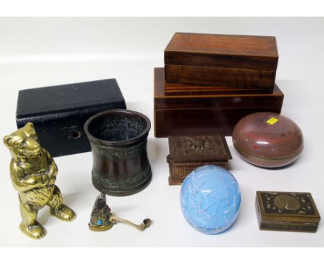 Collection of veneered wood, leather and metal trinket boxes, candle stand, bronze bear money box and others. Condition repor