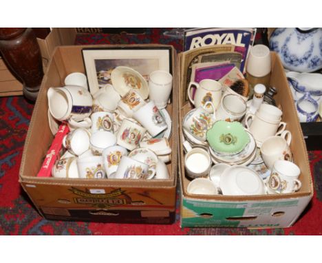 Two boxes of commemorative ware to include ephemera, cups and saucers, thermos flask, Wade decanter etc.