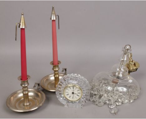 A cut glass quartz movement president mantle clock along with multi droplet ceiling light and two chamber sticks with candles