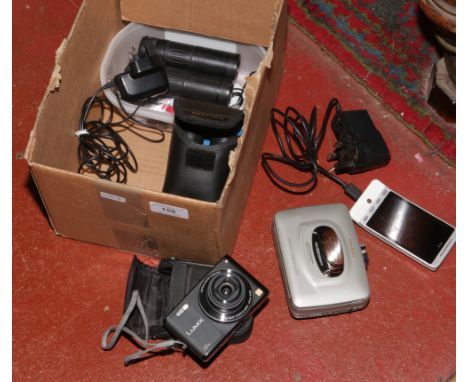 Two pairs of pocket binoculars, Lumix digital camera, Bush personal cassette player and two mobile phones with charges Samsun