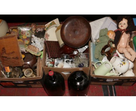 Three boxes of miscellaneous including vintage kitchenalia, two dolls, Carltonware, stoneware, ornaments, tea / dinnerwares, 