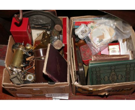 Two boxes of collectables to include vintage photograph album, balance scales, time clocks, leather cased stirrup cups / drin
