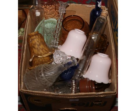 A box of various collectable glasswares including vintage light shades, carnival decanter, ornaments, storage jars etc.