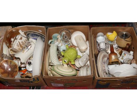 Three boxes of miscellaneous ceramics and glass including Royal Doulton, Bells Scotch Whisky decanters, Maling ware tea and d
