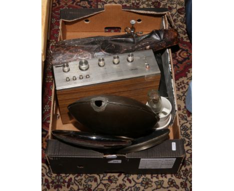 A box of miscellaneous including Rotel amplifier, tribal mask etc.