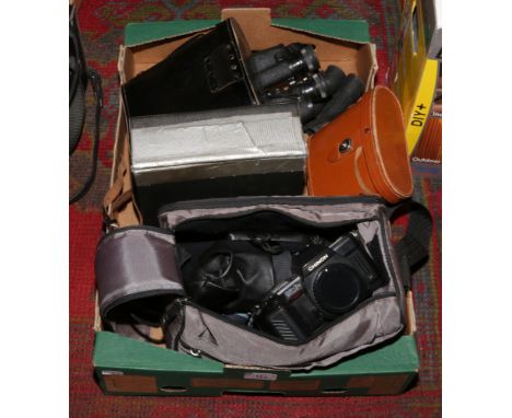 A Chinon CP - 7M camera with lenses along with a collection of binoculars to include Prinz, Miranda etc.