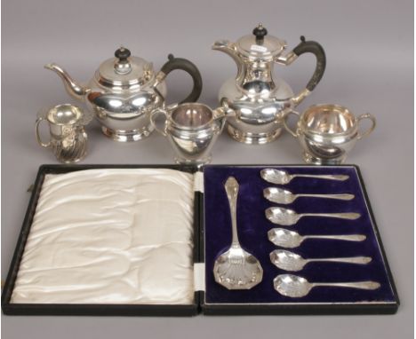 A silver plate four part tea / coffee service along with a cased dessert cutlery set etc.