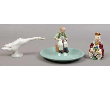 Two pieces of Beswick, King of Hearts from the Alice series and Timpson Shoes figural dish, along with a Lladro figure of a d