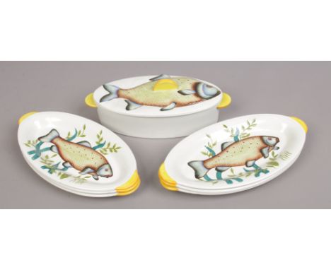 An E. Radford six place fish service comprising a set of six oval dishes and a tureen.