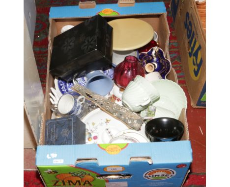 A box of ceramics and glass to include Wedgwood, Dartington, Minton, Hammersley and Stuart crystal etc.