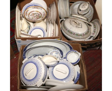 Three boxes of mostly Edwardian pottery tea / dinnerwares in various designs including J &amp; G Meakin 'Queen Mary' Washingt